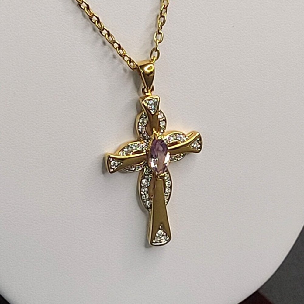 Gold Tone Metal Purple Marquis and Pave Crystals Cross Pendant Necklace 18 in - Picture 4 of 8